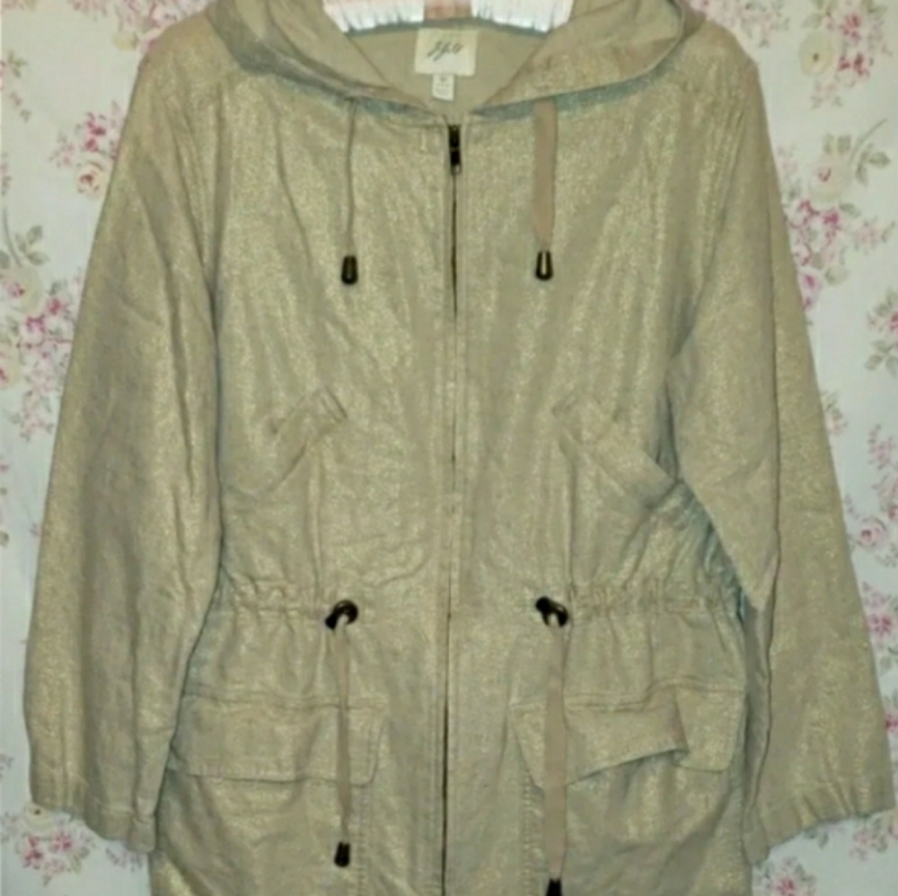 J. JILL Tan Metallic Shimmer Gold Linen Blend Full Zip Utility Jacket Sz SP